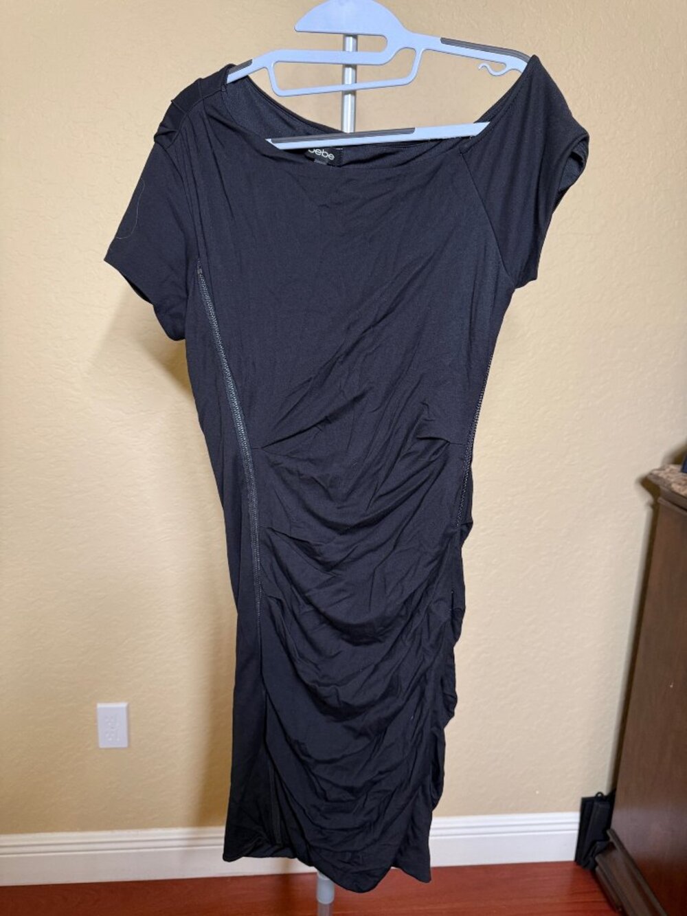 bebe Black Asymmetric Ruched Exposed Zipper Body Con Dress Size L
